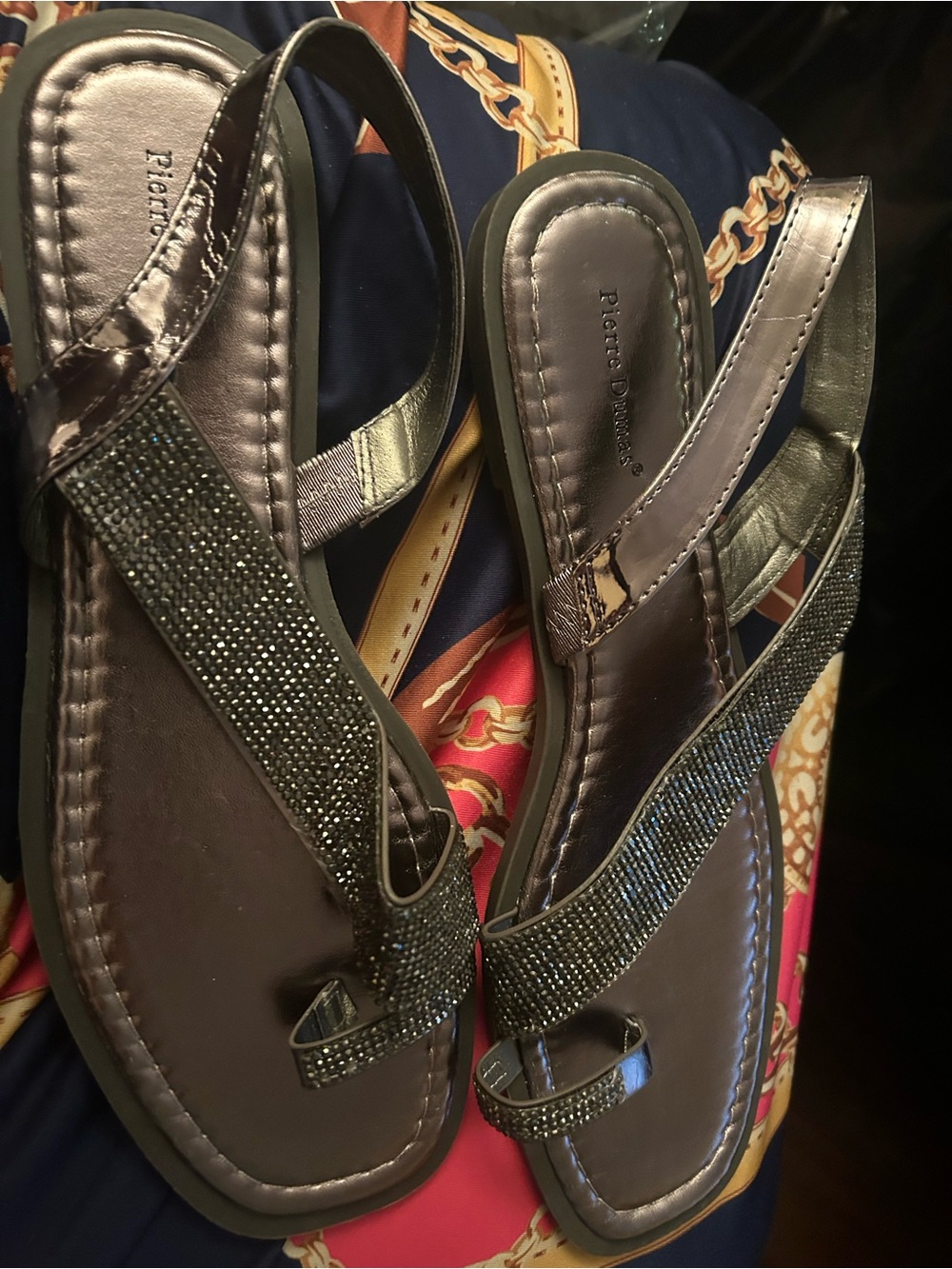 Pierre Dumas Metallic Charcoal Rhinestone Thong Sandals